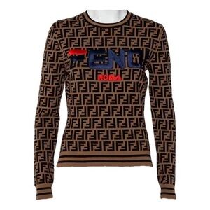 Fendi Brown & Black FF Logo Crewneck Sweater with Blue and Red Branding
